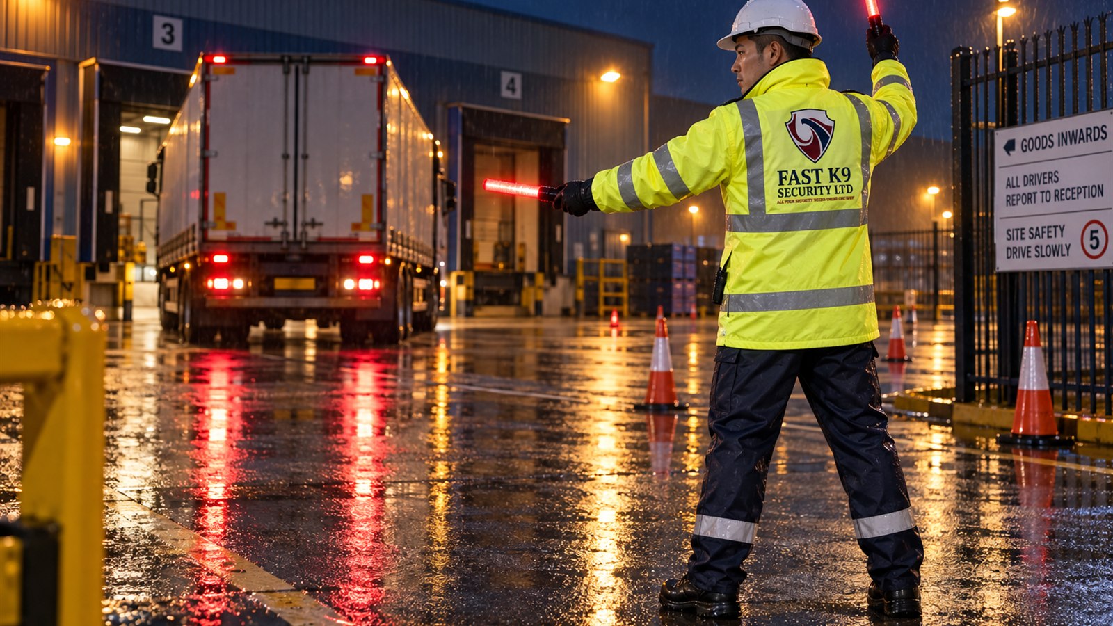 Fast K9 Security Limited traffic marshal supervising a reversing vehicle at an industrial site
